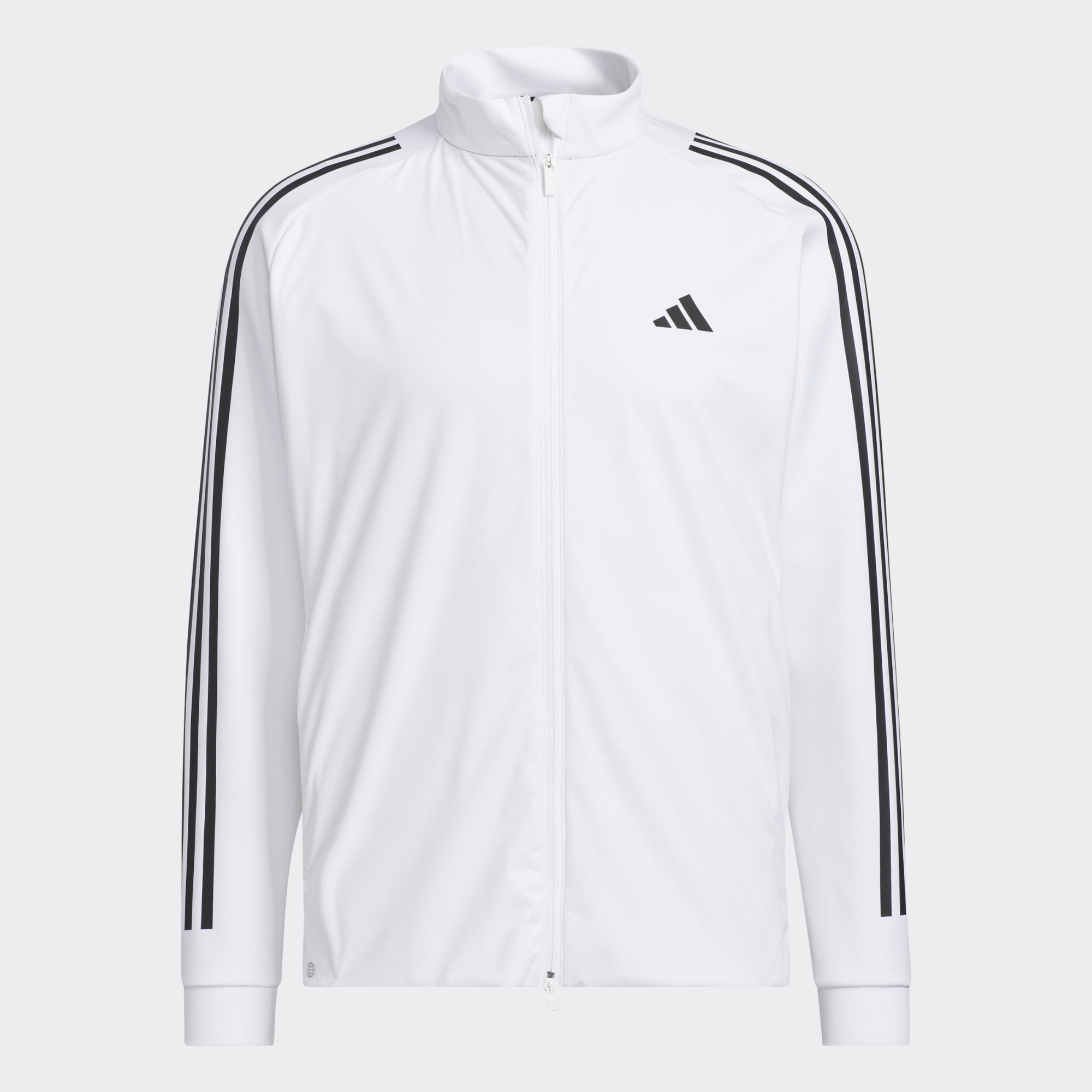 Adidas white jacket with black stripes clearance